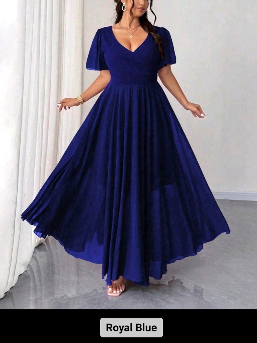 (2) SHEIN CURVE Royal Blue V-Neck Flutter Sleeve Maxi Dress